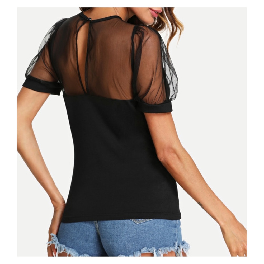 Black Short Sleeve Mesh Neckline Tee - Picture 2 of 5